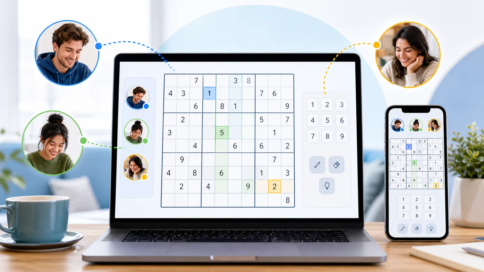 Multiplayer Sudoku game shown across laptop and phone screens for playing online with friends.