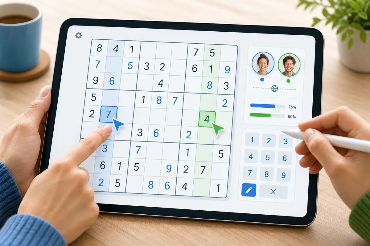 Shared Sudoku board with friend invite indicators and collaborative solving highlights.