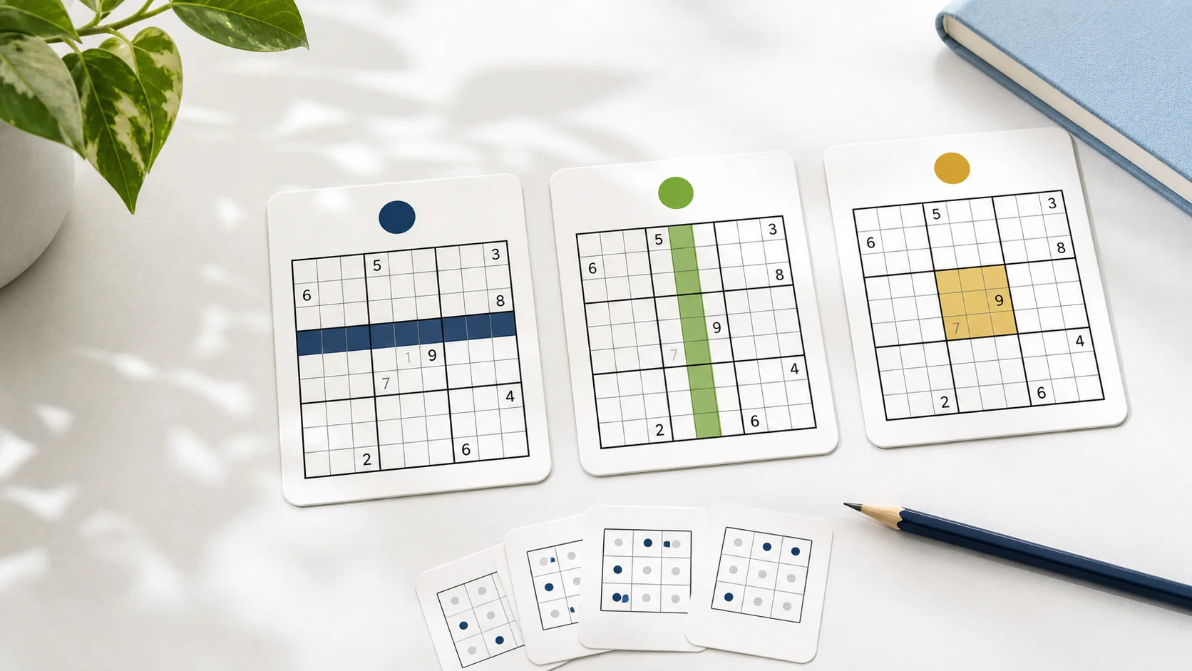 Sudoku teaching cards highlighting a row, column, and 3 by 3 box